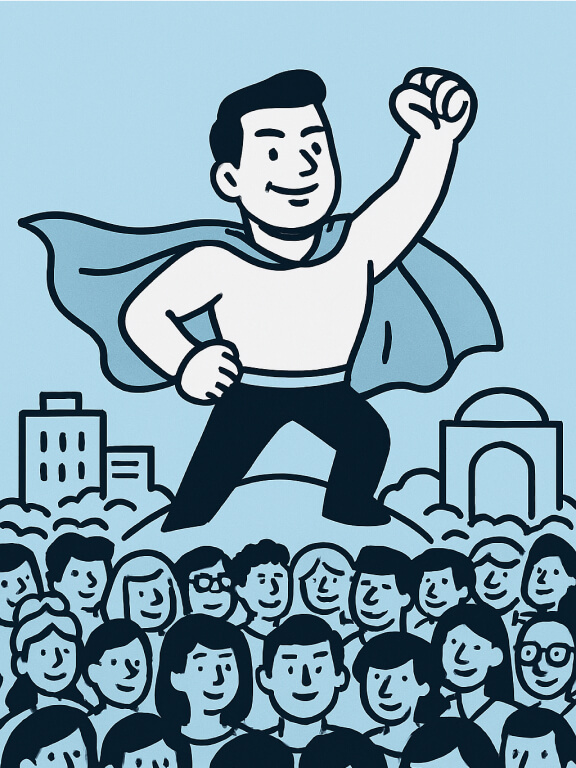 Illustration of a superhero with a cape standing above a large, diverse crowd of people. The hero represents empowerment through User Experience (UX), User Interface Design (UI), and Artificial Intelligence (AI). City buildings and an arch are visible in the background. The image symbolizes leadership, innovation, digital design, inclusive user-centricity, and strengthening communities with modern technology.