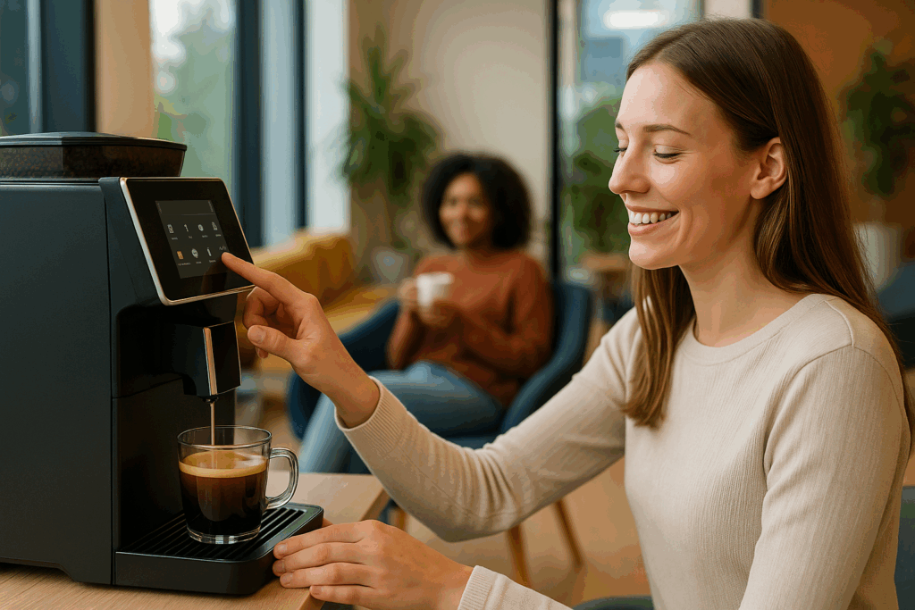 A bright, modern co-working space where a woman smiles as she easily uses a touchscreen coffee machine, while another person relaxes in the background, enjoying their drink in a comfortable lounge area. The scene illustrates both intuitive usability and a positive overall user experience.