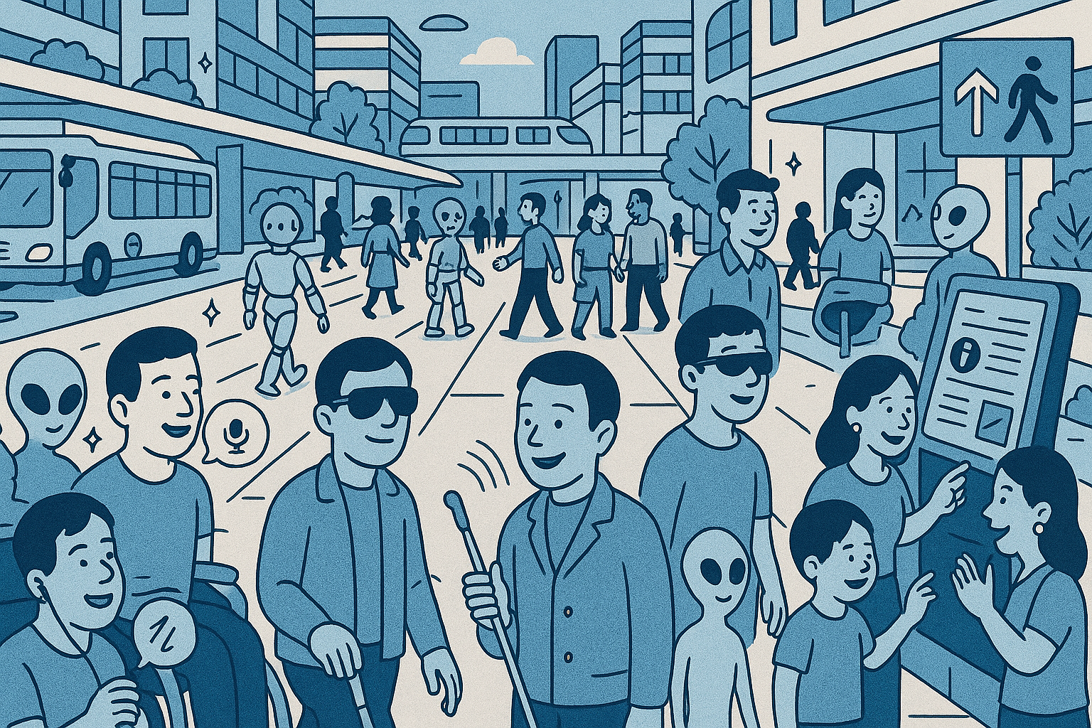 Eine zugängliche, smarte und inklusive Großstadt – umgesetzt als handgezeichnete, blau-weiße Comic-Illustration mit kräftigen Linien, freundlichen Gesichtern und klaren Formen. Menschen unterschiedlichster Herkunft und Generationen, Roboter und freundlich wirkende Aliens bewegen sich entspannt durch die moderne City.
Vorne im Bild:
Ein Mann im Rollstuhl nutzt ein Sprachsteuerungsgerät (Voice Icon daneben).
Eine Person mit Blindenstock und AR-Brille wird von einer weiteren Person begleitet, beide wirken gut gelaunt.
Ein Junge zeigt auf ein Symbol am digitalen Info-Terminal, seine Mutter erklärt ihm etwas.
Überall sind barrierefreie Wege, breite Rampen, digitale Beschilderungen und Touchpoints zu sehen.
Im Hintergrund: Saubere, moderne Architektur, Busse, ein Zug auf einer erhöhten Strecke, Bäume und viele weitere Menschen, Aliens und Roboter, die sich begegnen.
Das ganze Bild strahlt Positivität, urbane Lebensfreude, Diversität und technologischen Fortschritt aus – ideal als identitätsstiftendes Motiv für Accessibility, Smart City und Inklusion.